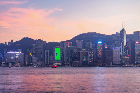 Hong Kong - December 09, 2016: View of Hong Kong harbor at sunset time.のeditorial素材