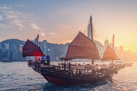 Hong Kong - December 09, 2016: Retro small ship in Hong Kong harbor.のeditorial素材