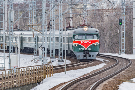 Moscow, Russia - March 04, 2021: Retro passenger train ER-2K number 980. Trains ER-2 were made in Riga in 1964-1970 yy.のeditorial素材