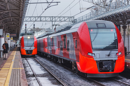 Highspeed trains stand by the station platform at winter day.の写真素材