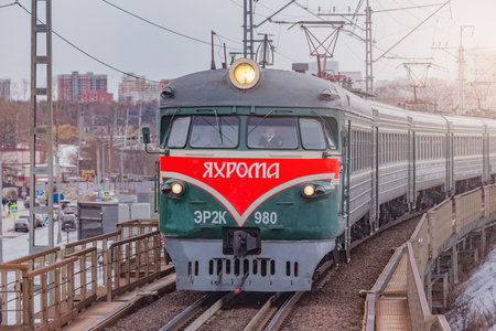 Moscow, Russia - March 04, 2021: Retro passenger train ER-2K number 980. Trains ER-2 were made in Riga in 1964-1970 yy.のeditorial素材