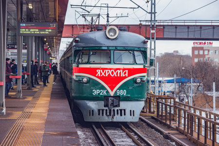 Moscow, Russia - March 04, 2021: Retro passenger train ER-2K number 980. Trains ER-2 were made in Riga in 1964-1970 yy.のeditorial素材