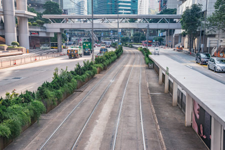 Hong Kong, China - December 15, 2016: Tramway stop on the central city street.のeditorial素材