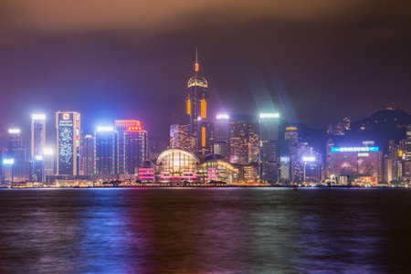 Central District, Hong Kong - December 09, 2016: Evening city view of Hong Kong island.のeditorial素材