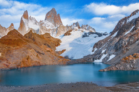 Amazing sunrise view of Fitz Roy mountain. Los Glaciares National park. Argentina.の写真素材