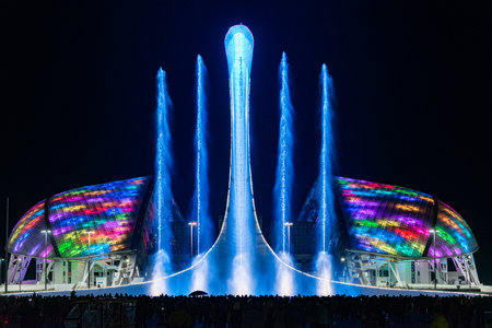 Sochi, Russia - April 16, 2021: Fountains show by stadium Fisht in Sochi Park located in Adlersky City District.のeditorial素材