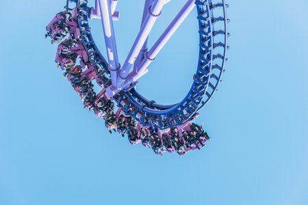 Sochi, Russia - April 14, 2021: Roller coaster ride at amusement park in the Olympic park.のeditorial素材