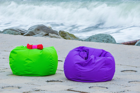 Places for sitting on the sea shore at cold day time.の写真素材