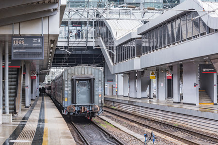 Sochi, Russia - April 10, 2021: Passenger platforms of Adler station at rainy day.のeditorial素材