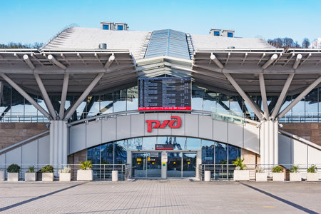 Sochi, Russia - April 14, 2021: Entrance to the station building of Imeretian resort - Olympic park.のeditorial素材