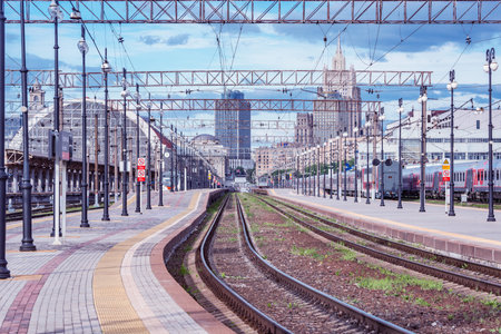 Moscow, Russia - May 30, 2021: Evening view of Kiev railway station.のeditorial素材
