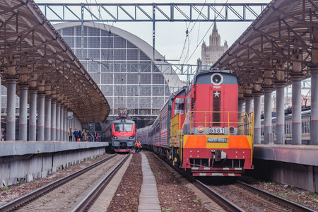 Moscow, Russia - May 30, 2021: Passenger trains by the platform.