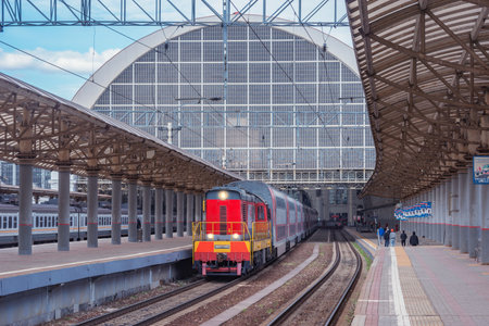 Moscow, Russia - May 30, 2021: Passenger train by the platform.のeditorial素材