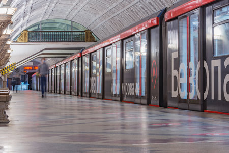 Moscow, Russia - May 30, 2021: Interior of Belorusskaya metro station.のeditorial素材