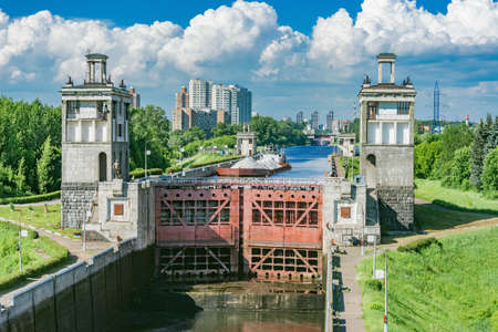 Freight ship moves through the gateway of the river. Moscow. Russia.の写真素材