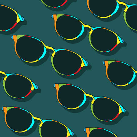 Set of man glasses on green. Seamless background. Vector illustrationのイラスト素材