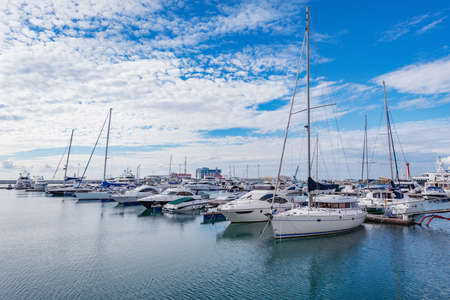Yachts and boats anchored in the port of Sochi. Russia.の写真素材
