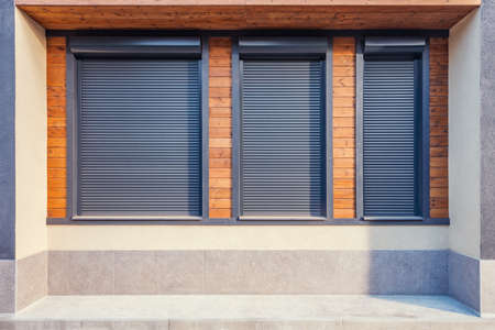 Three closed windows of the small street cafe.の写真素材