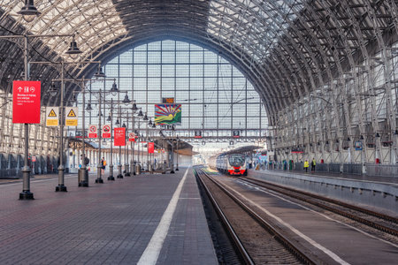 Moscow, Russia - July 17, 2021: Interior of Moscow Kiyevsky railway station at morning time.のeditorial素材