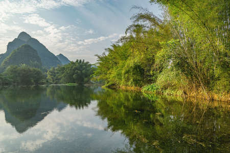 Sunset view of Yulong River. Yangshuo. Guangxi Province. China.の写真素材