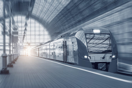 Highspeed train moves fast along the platform at sunset.