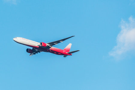 Moscow region, Russia - September 15, 2020: Flight of the passenger plane at sunset time.のeditorial素材