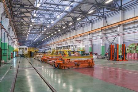 Mytishchi, Russia - February 21, 2017: Rail car assembly plant for the metro trains. Mytishchi Metrovagonmash factory.のeditorial素材