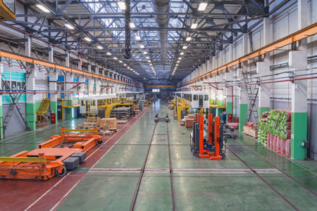 Mytishchi, Russia - February 21, 2017: Rail car assembly plant for the metro trains. Mytishchi Metrovagonmash factory.のeditorial素材