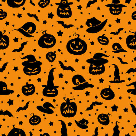Halloween symbols on orange background. Seamless pattern. Vector illustration.のイラスト素材