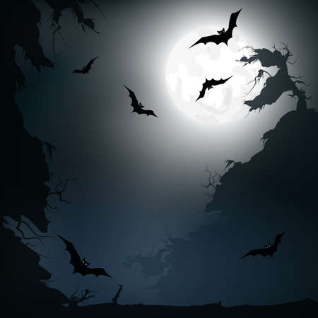 Halloween illustration with cliffs, bats, moon and trees. Vector illustration.のイラスト素材