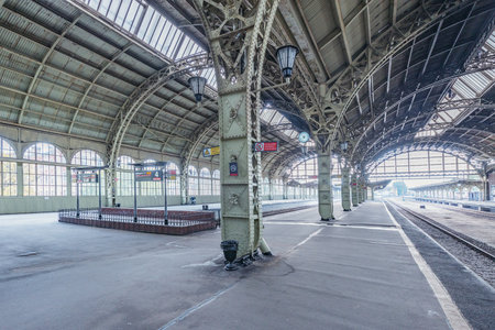 Saint Petersburg, Russia - October 05, 2021: Interior of Vitebsky railway station. It was the first railway station to be built in Saint Petersburg and the whole of the Russian Empire, opened in 1837.のeditorial素材
