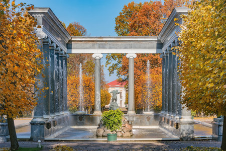 Petergof, Saint Petersburg, Russia - October 04, 2021: Fountain inside of the autumn park.のeditorial素材