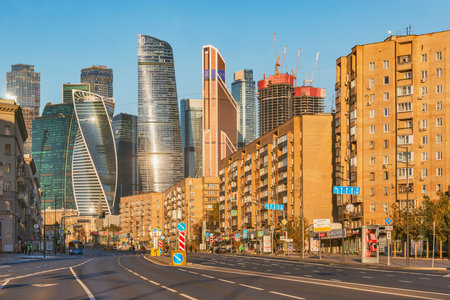Moscow, Russia - October 09, 2021: Early morning view of the city street.のeditorial素材