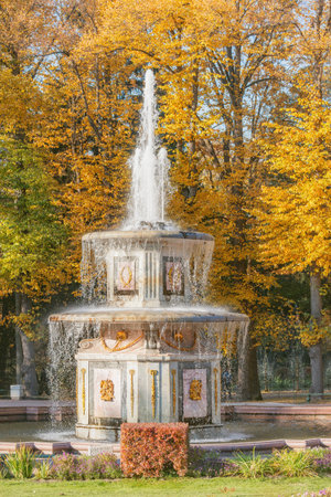 Peterhof, Saint Petersburg, Russia - October 04, 2021: Roman fountain in the Lower Park of Peterhof at autumn time.のeditorial素材
