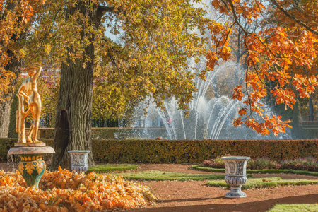 Peterhof, Saint Petersburg, Russia - October 04, 2021: Fountain in the Lower Park of Peterhof at autumn time.のeditorial素材