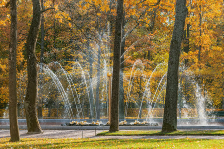 Peterhof, Saint Petersburg, Russia - October 04, 2021: Fountain in the Lower Park of Peterhof at autumn time.