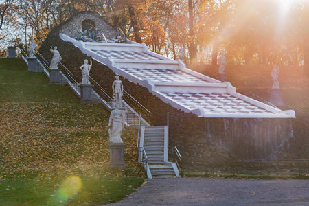 Peterhof, Saint Petersburg, Russia - October 04, 2021: Fountain in the Lower Park of Peterhof at autumn time.のeditorial素材