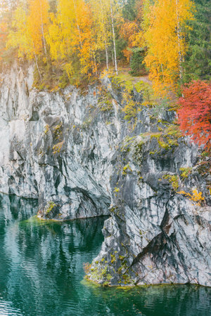 Lake in the deep marble canyon. Ruskeala Mountain Park. Republic of Karelia. Russia.の写真素材
