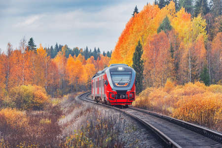 Passenger diesel local train moves at autumn day time. Karelia. Russia.の写真素材
