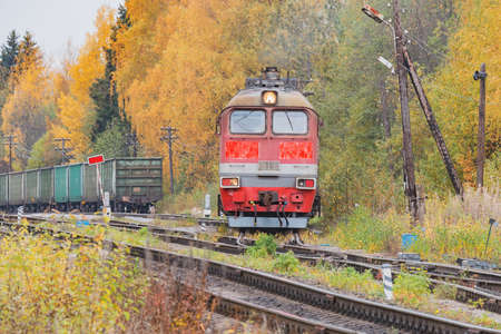 Diesel locomotive moves from the freight train.の写真素材
