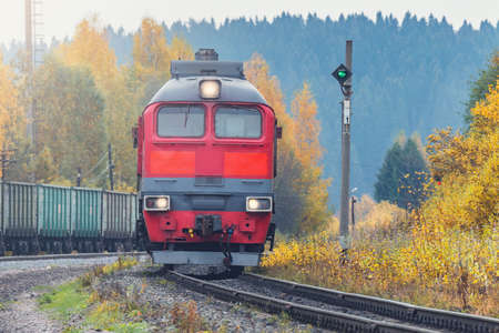 Diesel locomotive moves from the freight train.の写真素材