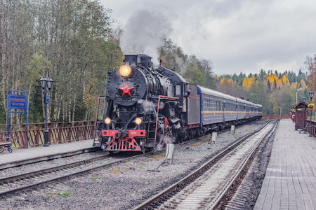 Ruskeala, Russia - October 01, 2021: Retro steam train arrives to the station wooden platform from Sortavala at cloudy autumn day.のeditorial素材