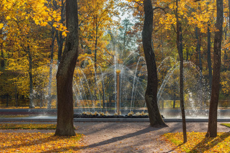 Peterhof, Saint Petersburg, Russia - October 04, 2021: Fountain Sun in the Lower Park of Peterhof at autumn time.