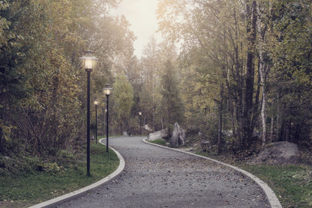 Footpath in the city park at autumn evening.の写真素材