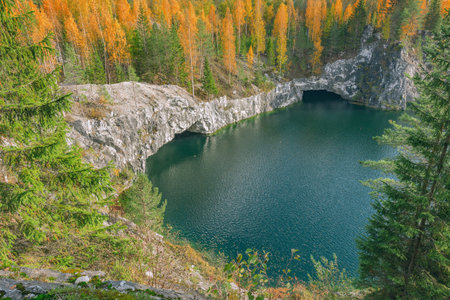 Lake in the deep marble canyon. Ruskeala Mountain Park. Republic of Karelia. Russia.の写真素材