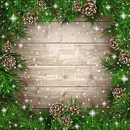 Fir tree branches with cones on wooden board background. Christmas vector illustrationのイラスト素材