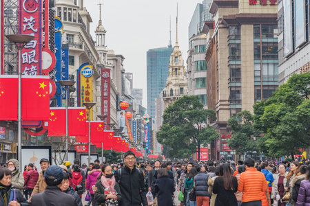 Shanghai, China - January 01, 2017: Crowd of people on the central city street at New Year day.のeditorial素材