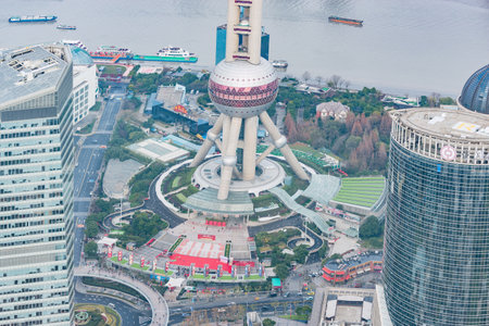 Aerial view of Shanghai city center at morning time.のeditorial素材