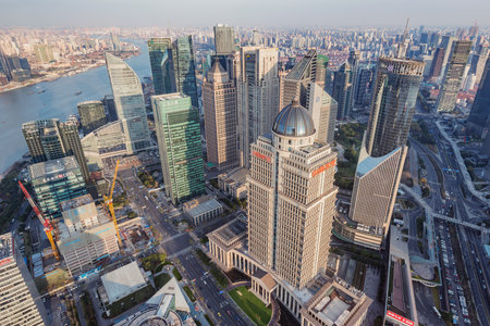 Aerial view of Shanghai city center at evening time.のeditorial素材