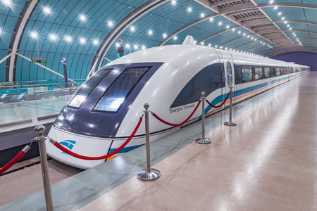 Shanghai, China - January 02, 2017: Shanghai Transrapid Maglev magnetic levitation train departs. It is the first commercial high-speed maglev with cruising speed of 431 km per hour.のeditorial素材
